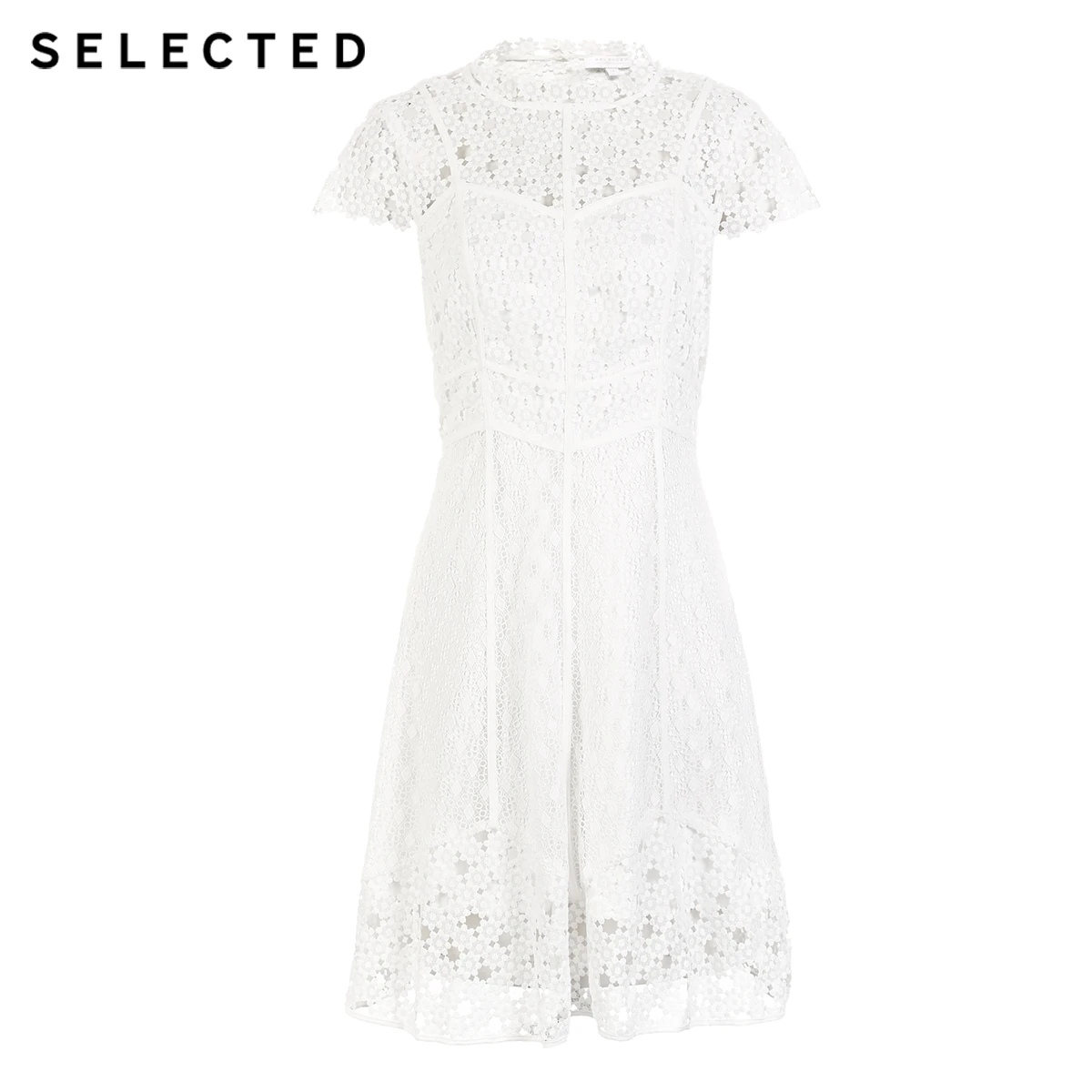 Отборное белое маленькое платье на подкладке с воротником-стойкой | 41912J516