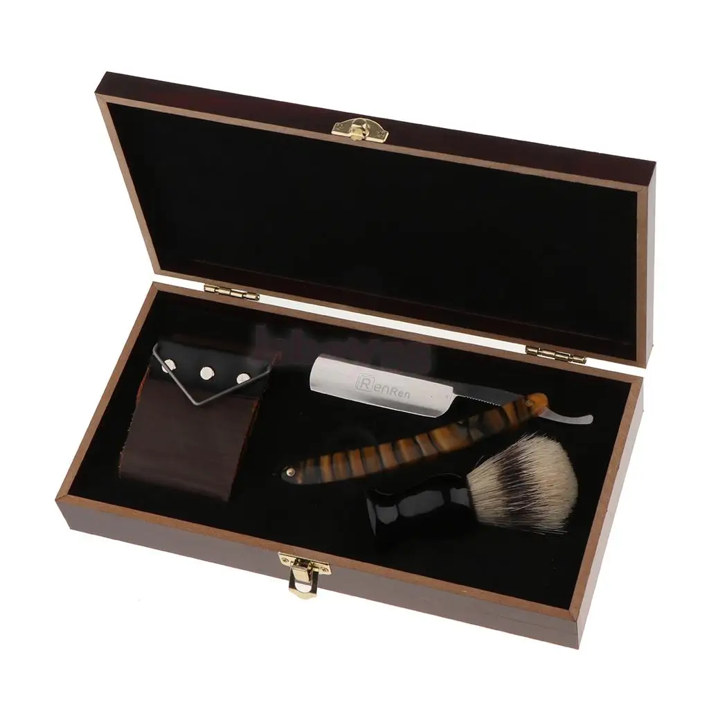3 Pieces Men's Shaver Gift Kit Folding Straight Razors Shaving Brush with Sharpener Strop Belt