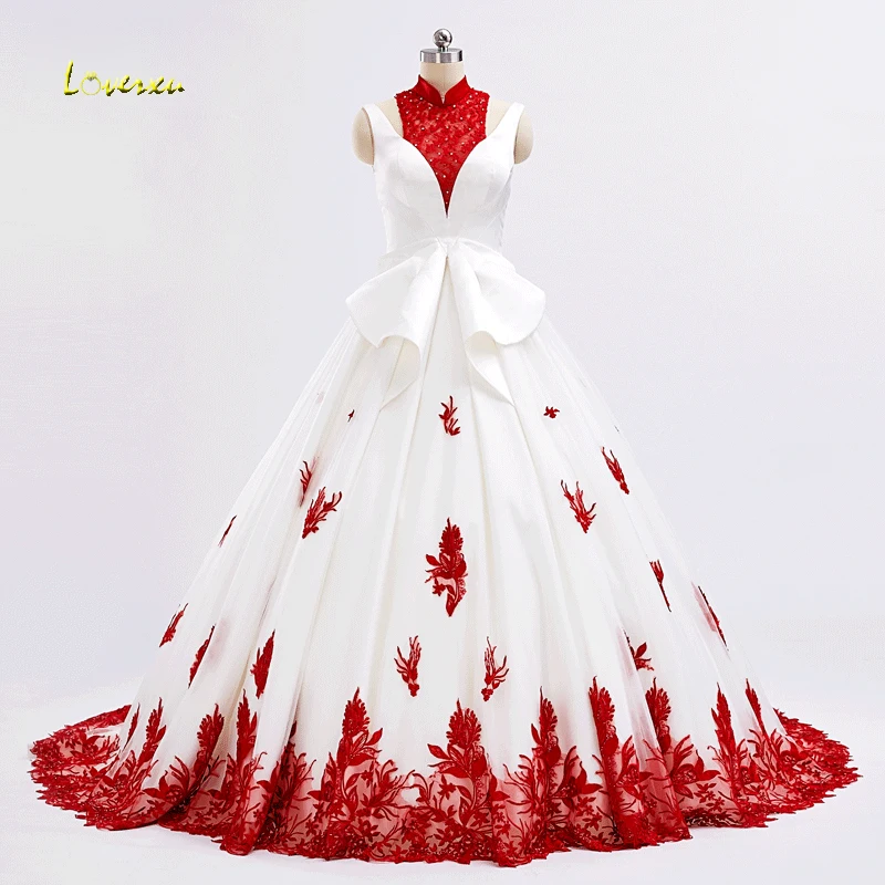 Loverxu Vestido De Noiva Красные Свадебные платья с высокой горловиной 2019 Аппликации