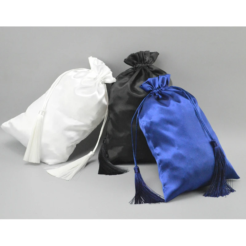 

50PCS Satin Bag Jewelry Packaging Drawstring Pouch with Tassel Hair Makeup Wedding Party Gift Bags Holder Silk Sack Custom Logo