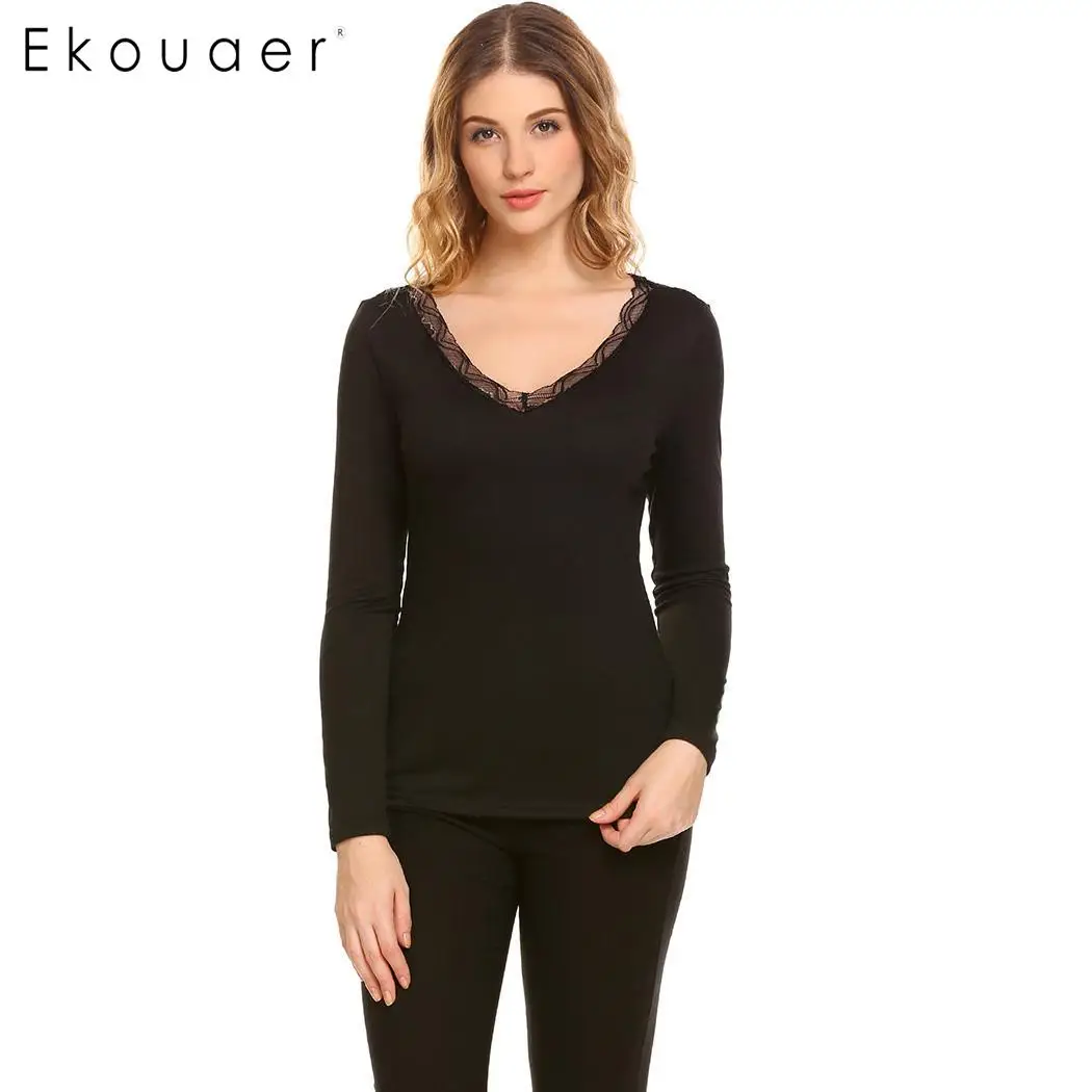 Ekouaer, женское теплое нижнее белье, топы, повседневные, v-образный вырез, длинный рукав, сзади, кружево, пэчворк, тонкая талия, однотонный, для сна, топ, термо, кальсоны - Цвет: Black