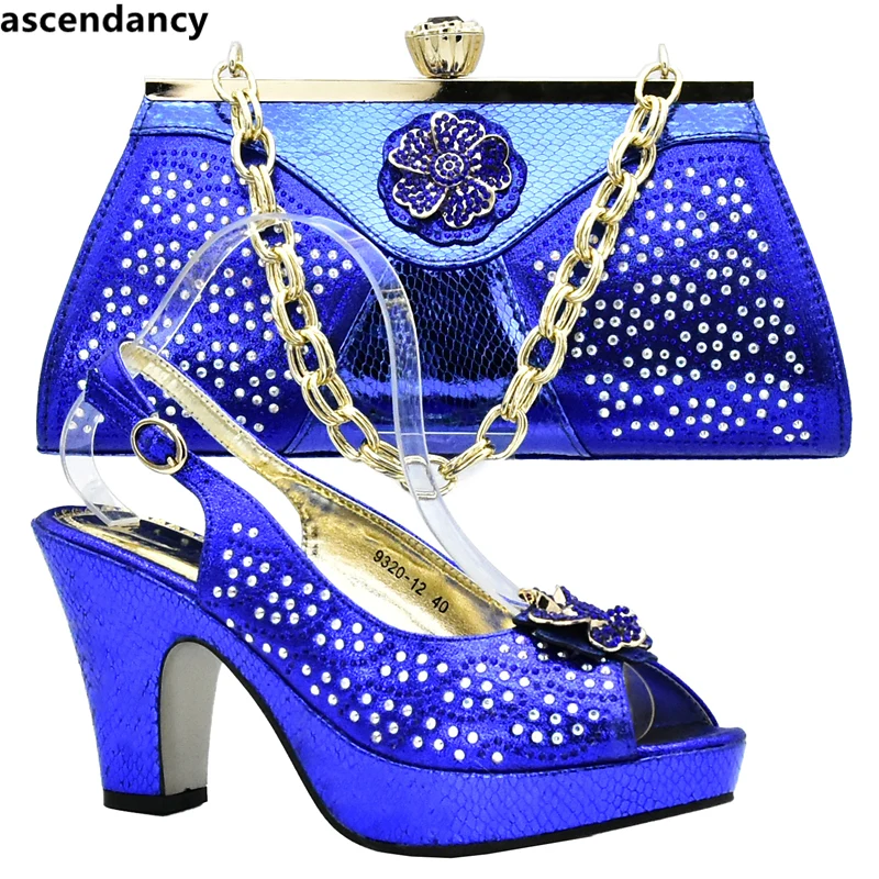 Royal Blue Color Italian Shoes with Matching Bags for