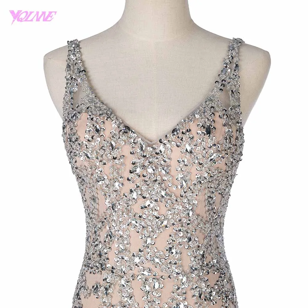 Sexy Silver Nude Crystals Jumpsuit Evening Dress Long Sleeveless V-Neck Evening Gowns