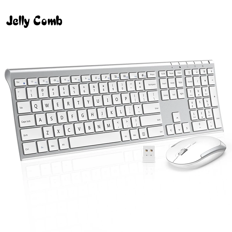 Kopen Jelly Kam 2.4 ghz Ultra Slim Full Size Oplaadbare Draadloze Toetsenbord en Muis Combo voor Windows Laptop Notebook Desktop Zilver
