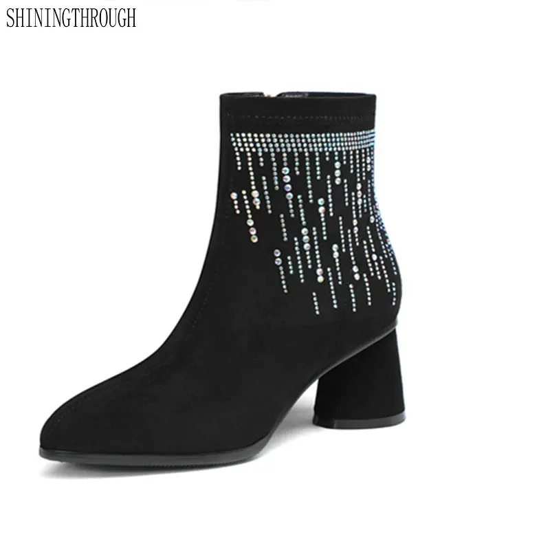 

Suede leather high Heels Women Ankle Boots Elegant Party Night Club Shoes Woman Crystal Decoration Chelsea Boots size 41 42 43