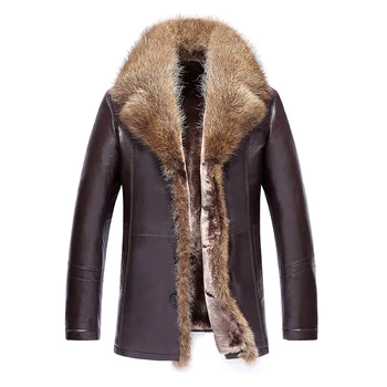 

2020 New Arrival Men Leather Coat Winter Leather Jacket Faux Sheepskin Long Coat Leather Overcoat Raccoon Fur Collar Fur Lined