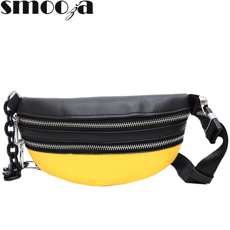 

SMOOZA Fashion Chain Fanny Pack Banana Waist Bag Brand Belt Bag Women Waist Pack Contrast color PU Leather Chest bag Belly Bag