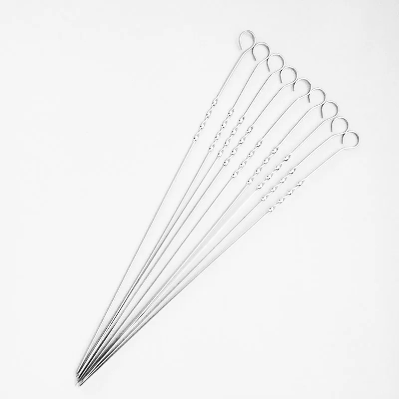 10pcs/lot Silver Metal BBQ Skewer Set for Chicken Kabob BBQ Skewers w/ Ring Hole Handle Flat Skewers Needle 45cm (17.7'')