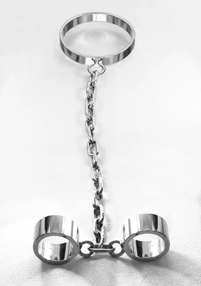 stainless steel heavy hand cuffs+slave collar sex bondag restraints adult handcuffs for sex bdsm fetish sex toys for couples