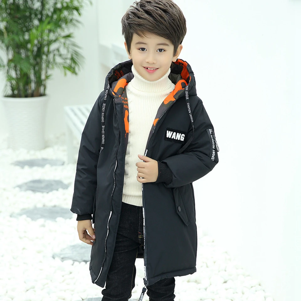 Коллекция года, детская зимняя куртка пальто для мальчиков утепленное длинное пуховое хлопковое пальто с капюшоном куртка для маленьких мальчиков, Детская подростковая одежда для детей возрастом от 4 до 15 лет