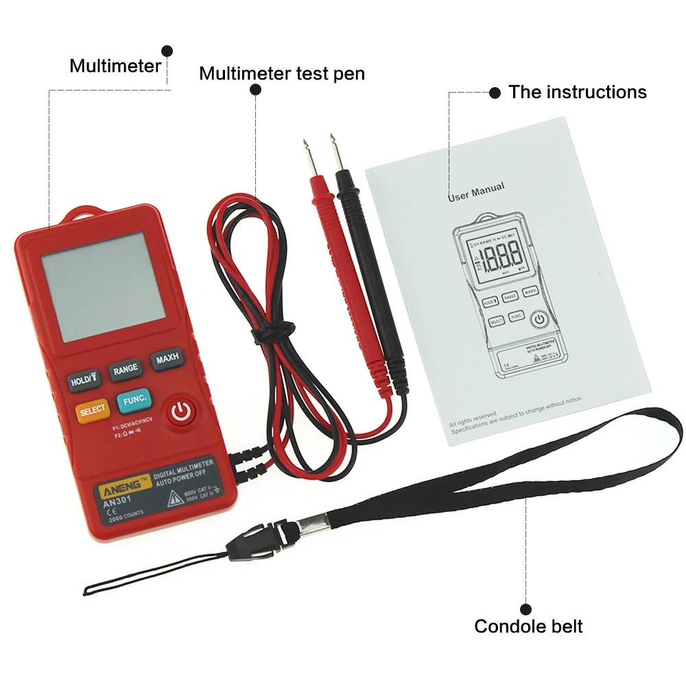

AN301 Mini Digital Multimeter 1999 Counts Portable AC DC Voltmeter Resistance Ammeter Meter Tester with LED Light