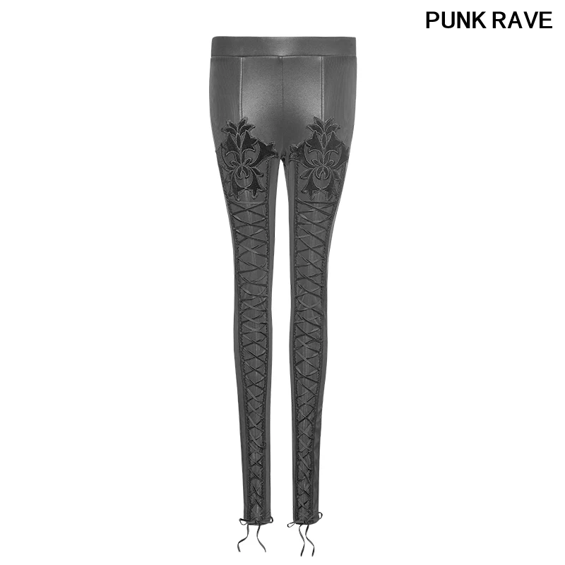 

PUNK High-Grade Flocking Thickened Female Slim Leggings Stripe+PU Tie rope design Slim Leggings PUNK RAVE K-294