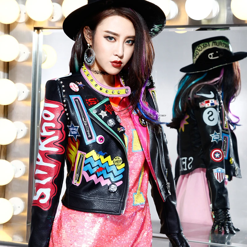 

2019 Spring Autumn New Women's Leather Jacket Fashion Locomotive Print Letter Pattern Leather Coats Graffiti Street Outwear
