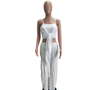 

Solid Women Summer Casual Two Piece Set Sleeveless Front Tie Spaghetti Straps Crop Top And Wide Leg Pants Beach Suit Outfits