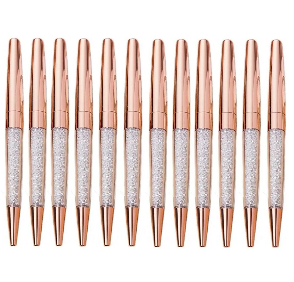 

1Pcs Rose Gold Pen Bling Diamond Pens Black Blue Ink Crystal Ballpoint Pen Wedding Office School Metal Roller Ball Pen Lady Gift