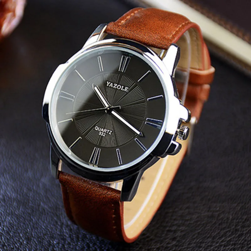 Мужские часы YAZOLE, Лидирующий бренд, роскошные часы с синим стеклом, мужские наручные часы, водонепроницаемые, кожа, римские мужские часы, мужские часы, relojes - Цвет: brown  black