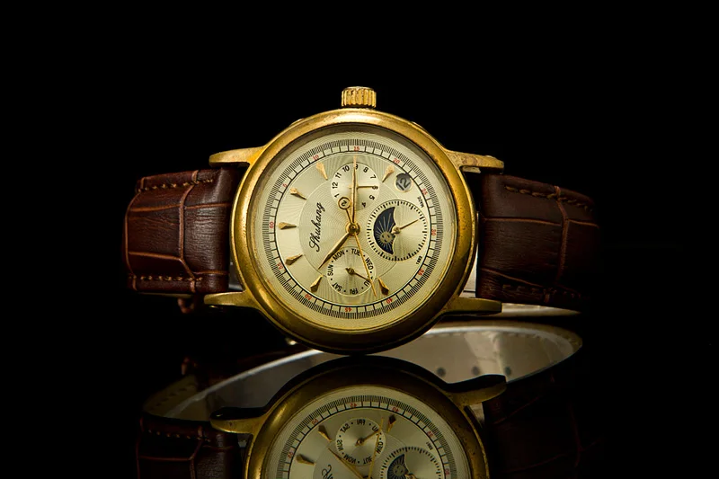 Старая латунь 1882 Мужские Элегантные прозрачные фазы Луны специальный дизайн указателя типа антикварные автоматические часы Классические наручные часы