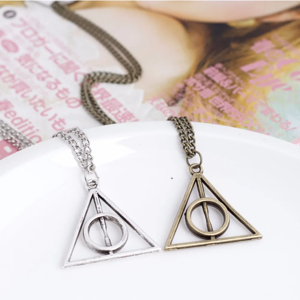 Movie Harry Potter Deathly Hallows Luna deathly hallows triangle sweater chain Metal Pendant long Chain Necklace silver jewelry