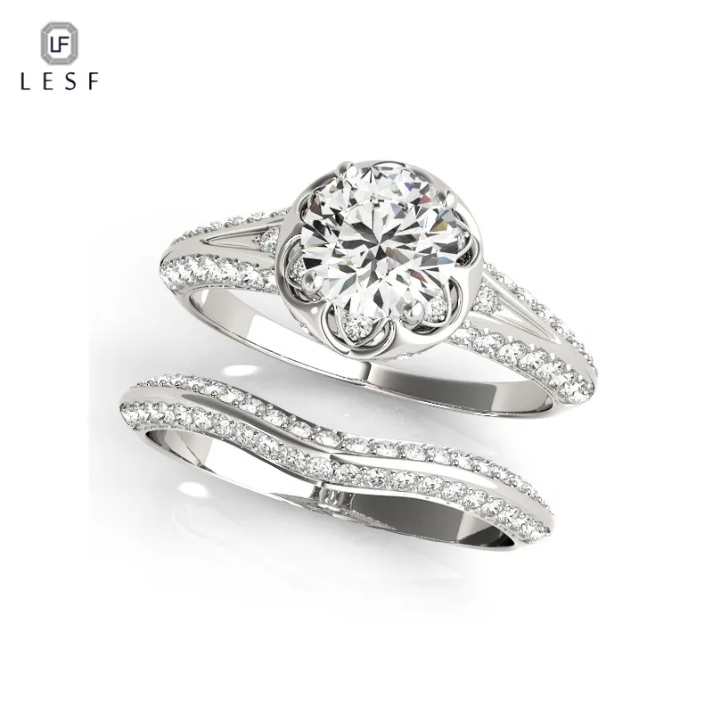 

LESF 925 sterling silver Ring Sets Round Cut Luxury Fine Jewelry wedding cubic zirconia rings for women band Free Shipping