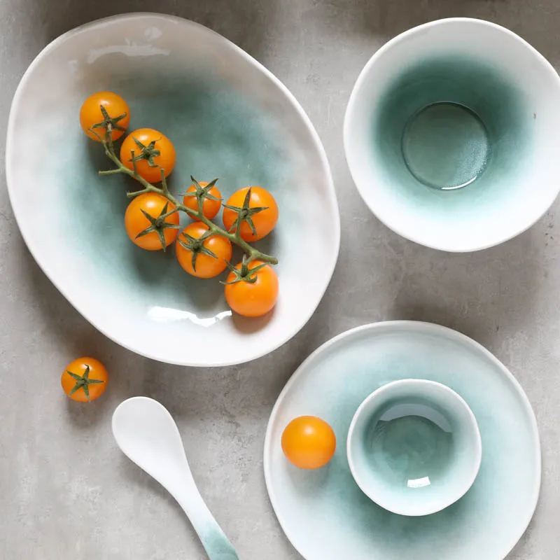 

Stone Pattern Irregular Gradient Green Ceramic Tableware Set/Chinese Household Bowl/Creative Hotel Dinner Plate