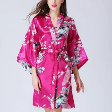 Шелковый атлас для свадьбы, невесты, подружки невесты халат цветочный халат Короткое Кимоно халат ночной халат банный халат модный халат для женщин