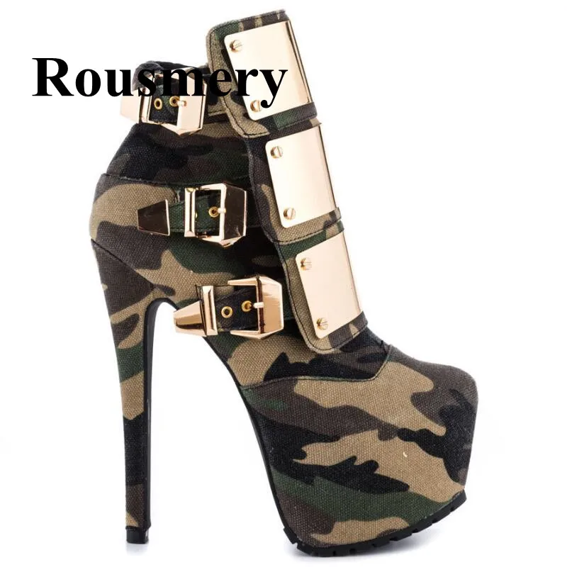 

Spring And Autumn Short Boots Super Platform Thin High Heel Bling Bling Metal Buckle Camouflage Fashion Women Ankle Boots