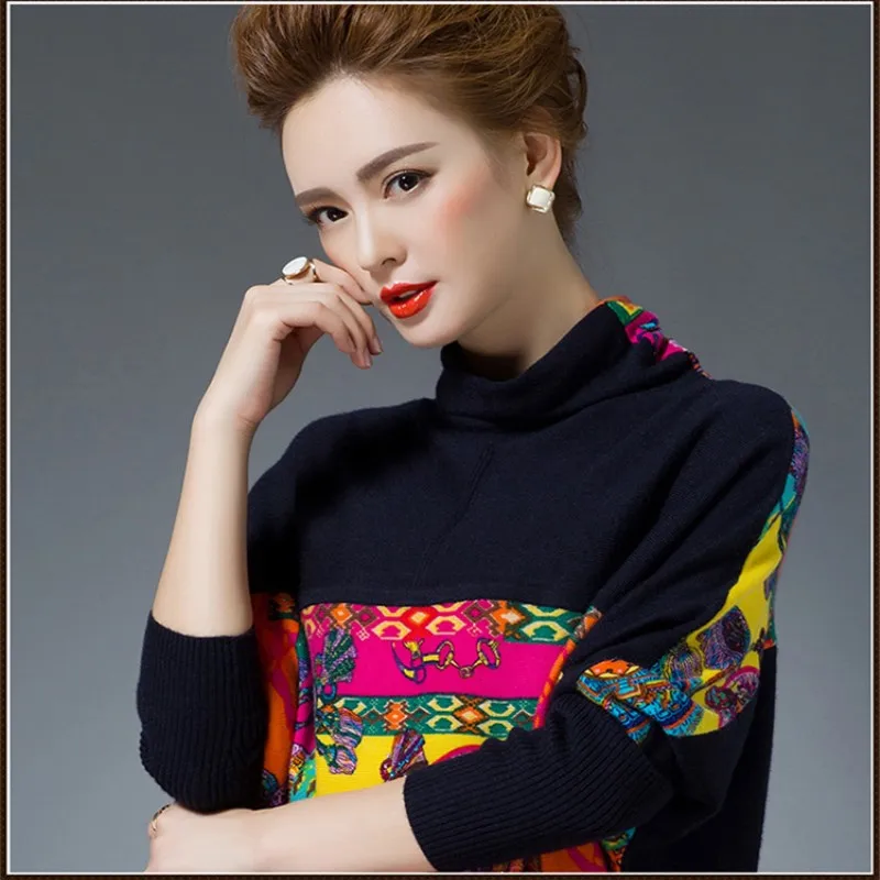 

Manufacturers Selling New Arrive Autumn And Winter Female Loose Wool Sweater Batwing Sleeve Women Long Printing Knitting Sweater