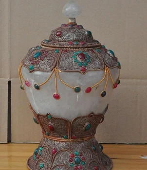 

Tibet Crystal Inlay Silver Precious Gems Bottle Pot Jar Tanks Crock Jug Canister