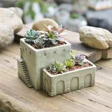 Greek Stone House Nautical Concrete Cement Mansion Garden Planter 2 Layer Living Roof Fairy Home Flower Pot