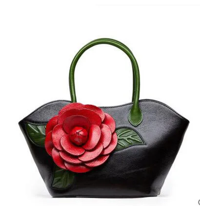Новая женская сумка из натуральной кожи известных брендов качественная кожаная ручная работа объемные цветы женские сумки - Цвет: black