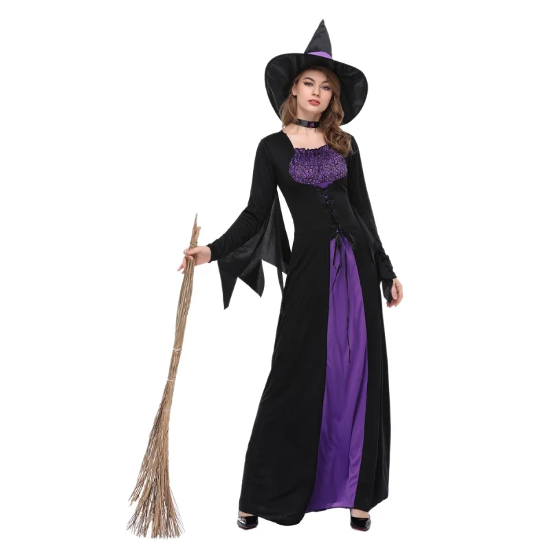 1 комплект, женское платье ведьмы на Хэллоуин размера плюс, длинное платье, костюм террора, осенне-зимние платья для вечеринок(с нагрудником и шапкой