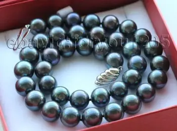 

FREE SHIPPING hot sale 18" Genuine Natural 11-12mm Round Black Pearl Necklace 925silver clasp