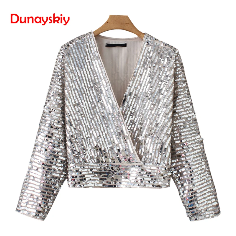 

2019 New Spring Summer Women Fashion Sequin Kimono Blouse Female Sexy Cross V Neck Long Sleeve Plus Size Blouse Female Silver