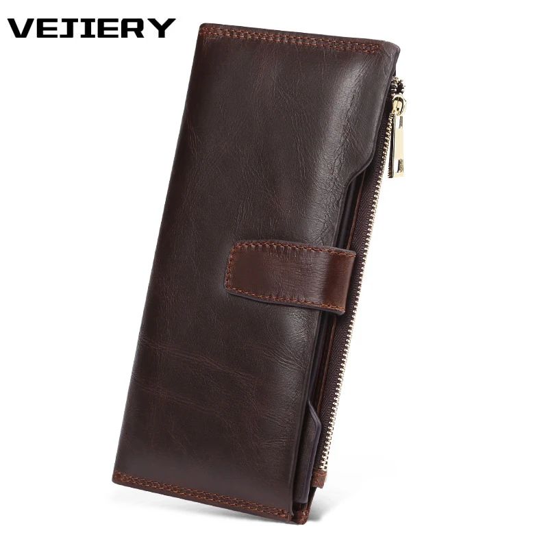 

VEJIERY Genuine Crazy Horse Cowhide Leather Men Wallet Long Coin Purse Vintage Wallet Male Clutch Leather Zipper Wallets Men