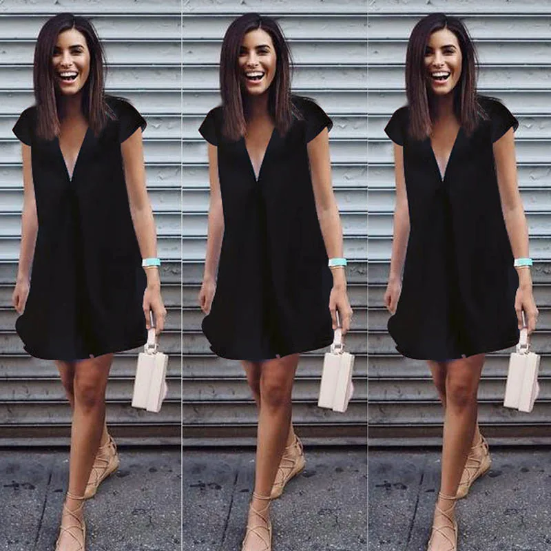 

Mini Dress 2019 Summer Chiffon Boho Beach Dresses Women Casual Solid Color A-line Mini Party Dress Vestidos 