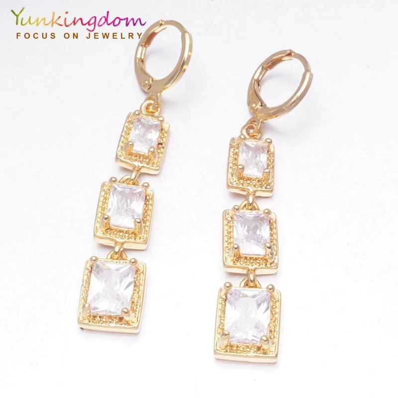

Yunkingdom gorgeous gold color dangle /drop earrings for women geometric cubic zirconia crystal wedding jewelry