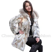 CX-G-A-65 самая популярная Длинная зимняя куртка с капюшоном из натурального кроличьего меха с воротником из меха енота