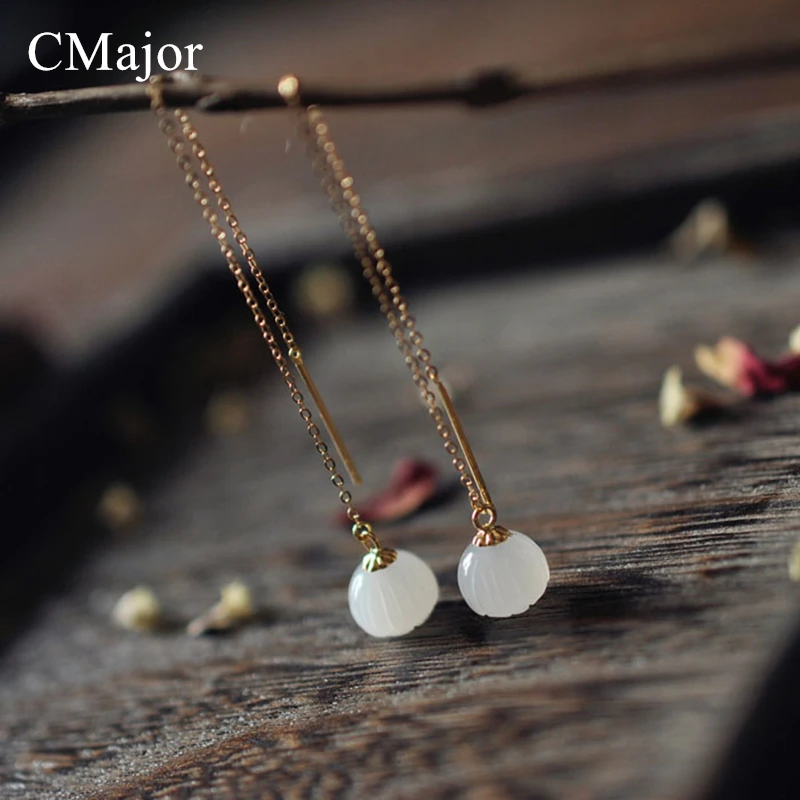 

CMajor Delicate Handmade Lotus Natural Stone Earrings Retro Silver Drop Earrings Ear Wire Long Line Chain Fashion Fine Earring
