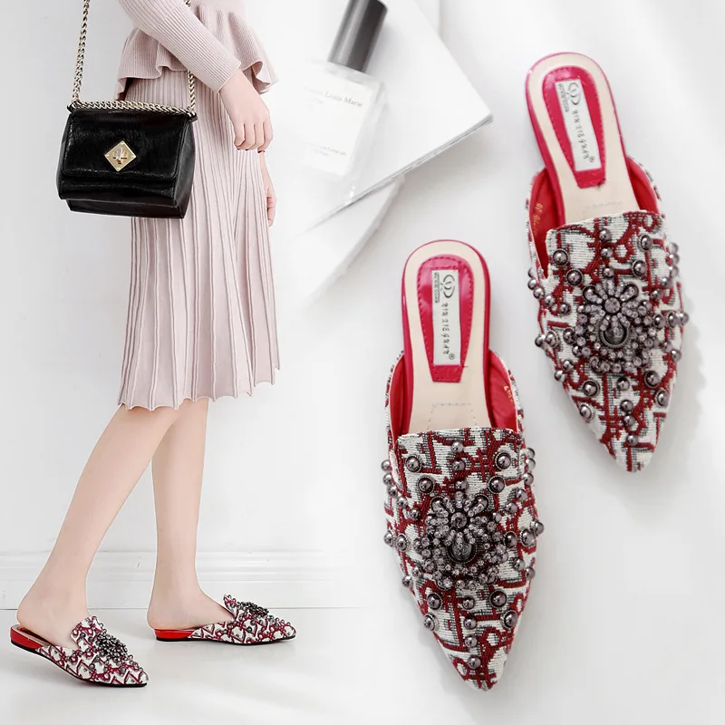 

Mixed Colors mules String Bead Pointed Toe Flat Cotton Fabric leather sheepskin soft Floral Ethnic brand design slides female