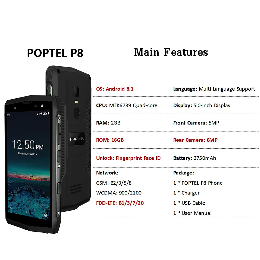 POPTEL P8 4G LTE прочный телефон IP68 Водонепроницаемый Пылезащитный для лица ID 5,0 дюймов 3750 мАч Android 8,1 16 Гб NFC 5MP+ 8MP смартфон