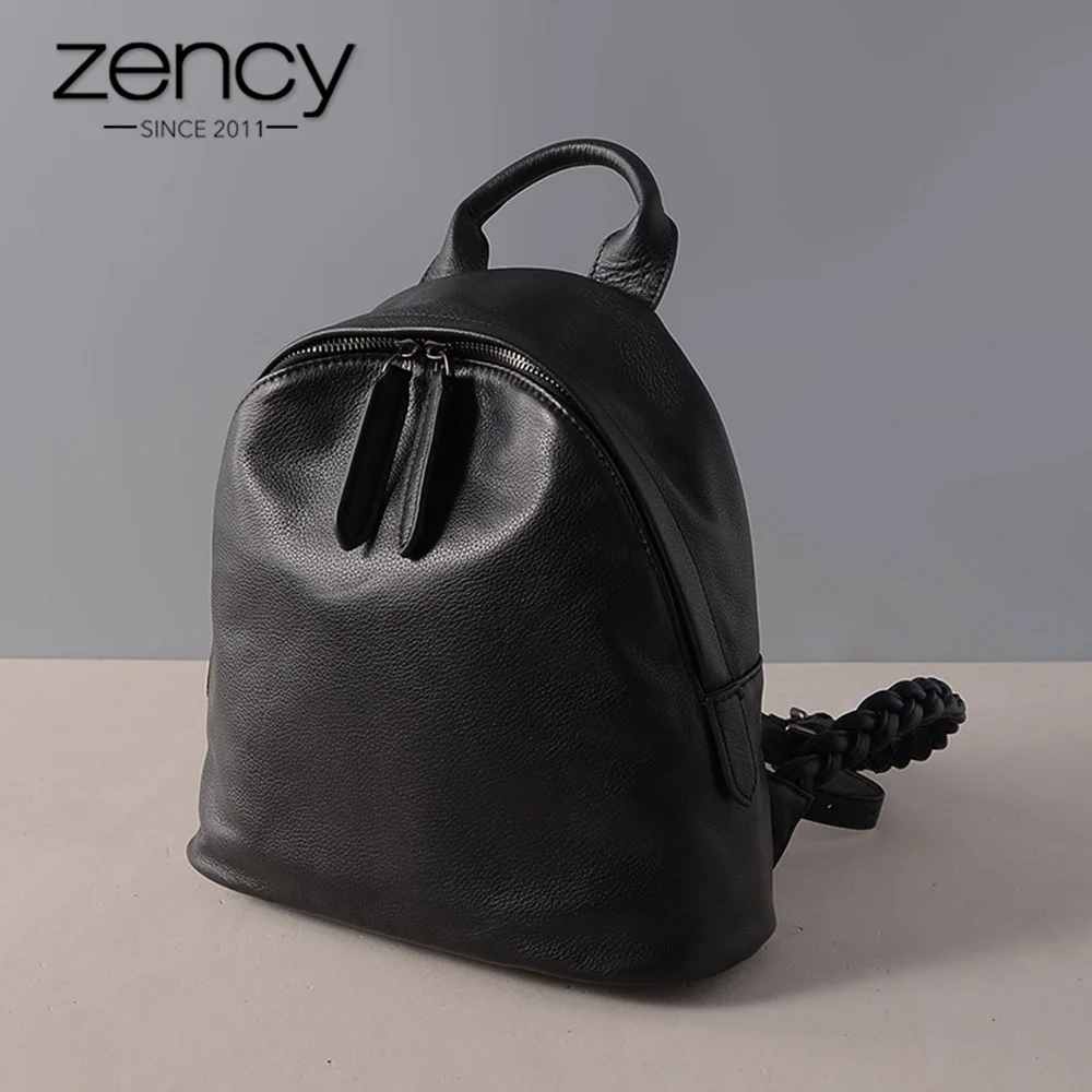 

Zency 100% Genuine Leather Black Women Backpack Preppy Style Schoolbag For Girls Fashion iPad Knapsack Small Travel Bags Satchel