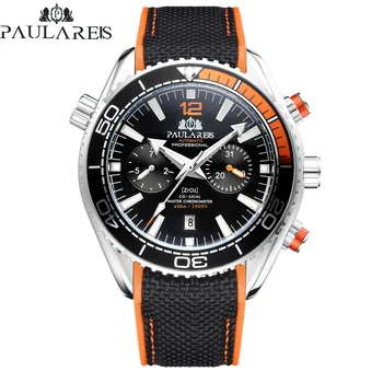 

Automatic Self Wind Mechanical Canvas Rubber Strap James Bond 007 Style Orange Blue Red Multifunction Date Month Men Sport Watch