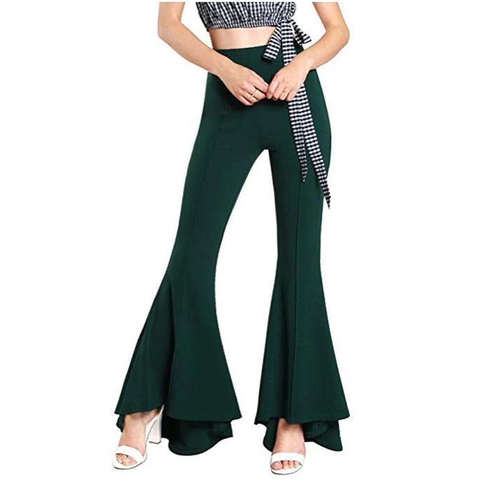 Модные расклешенные брюки с высокой талией, женские длинные штаны, однотонные широкие штанины, расклешенные леггинсы, мягкие расклешенные штаны XXXL, 7 цветов - Цвет: Зеленый