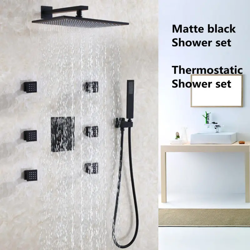 Thermostatic Black Shower Set In wall Matte Black Bathroom Shower 12