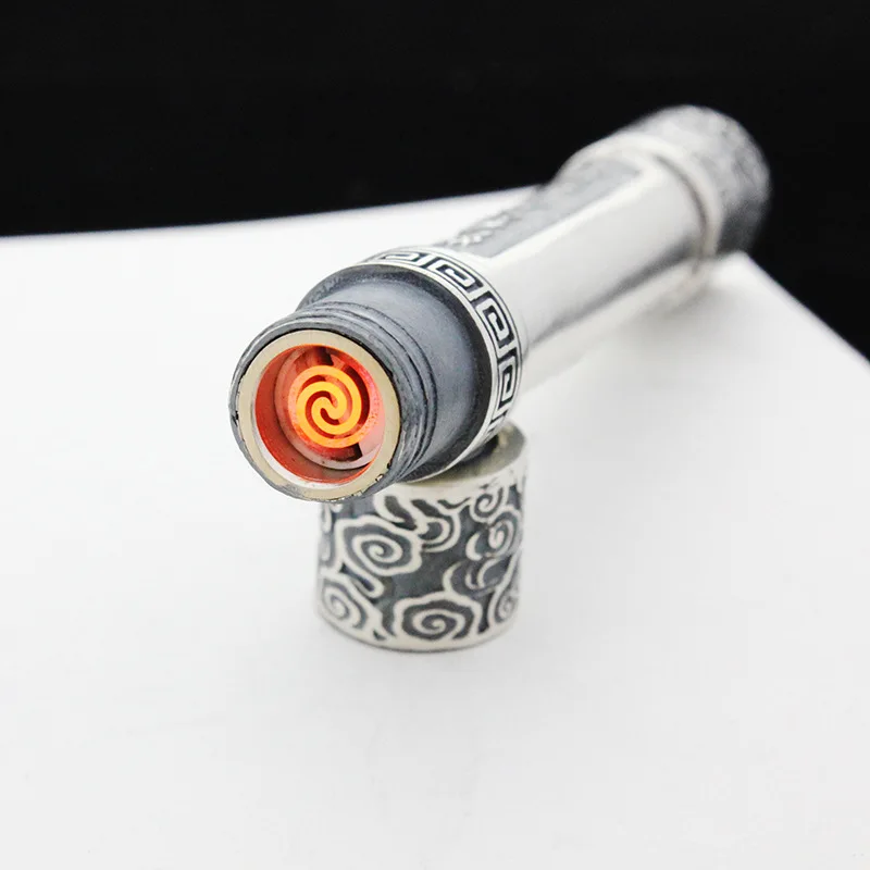 

S925 silver lighters hand-carved xiangyun cylindrical portable electric filling machine