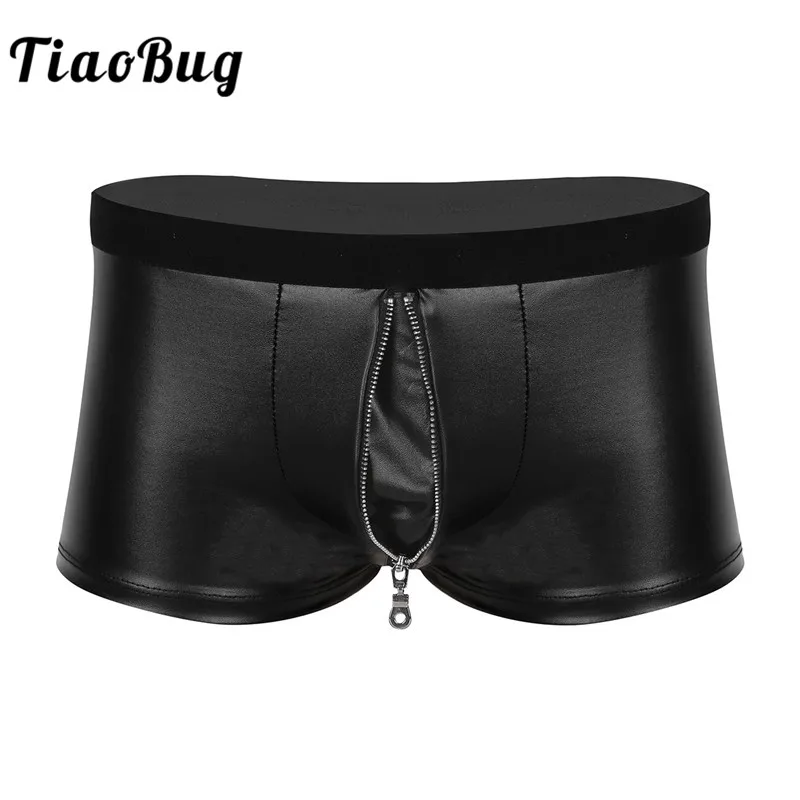 

TiaoBug Men Wet Look Black Faux Leather Underwear Zipper Crotch Penis Bulge Pouch Tight Boxer Shorts Slim Hot Sexy Underpants