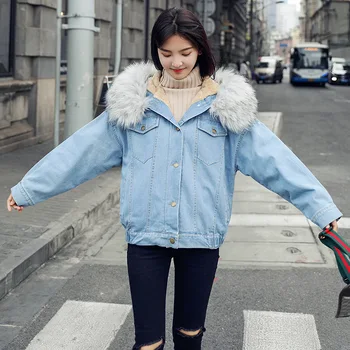 

Casual Winter Jacket Women Solid Long Sleeve With Fur Collar Cap Lambswool Jean Coat Women Warm Jeans Coat Outwear Denim Jacket