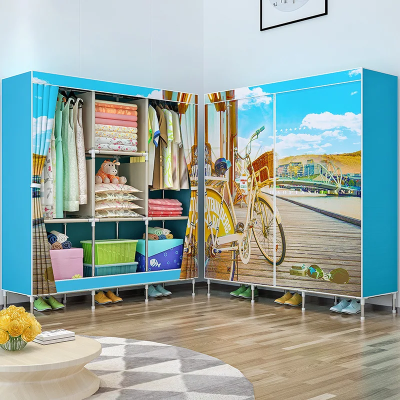 Double Pole Clothing Closet Dress Rack Bedroom Storage Organizer Cabinet Portable Folding Cloth Wardrobe for Home Furniture Double Pole Clothing Closet Dress Rack Bedroom Storage Organizer Cabinet Portable Folding Cloth Wardrobe for Home Furniture