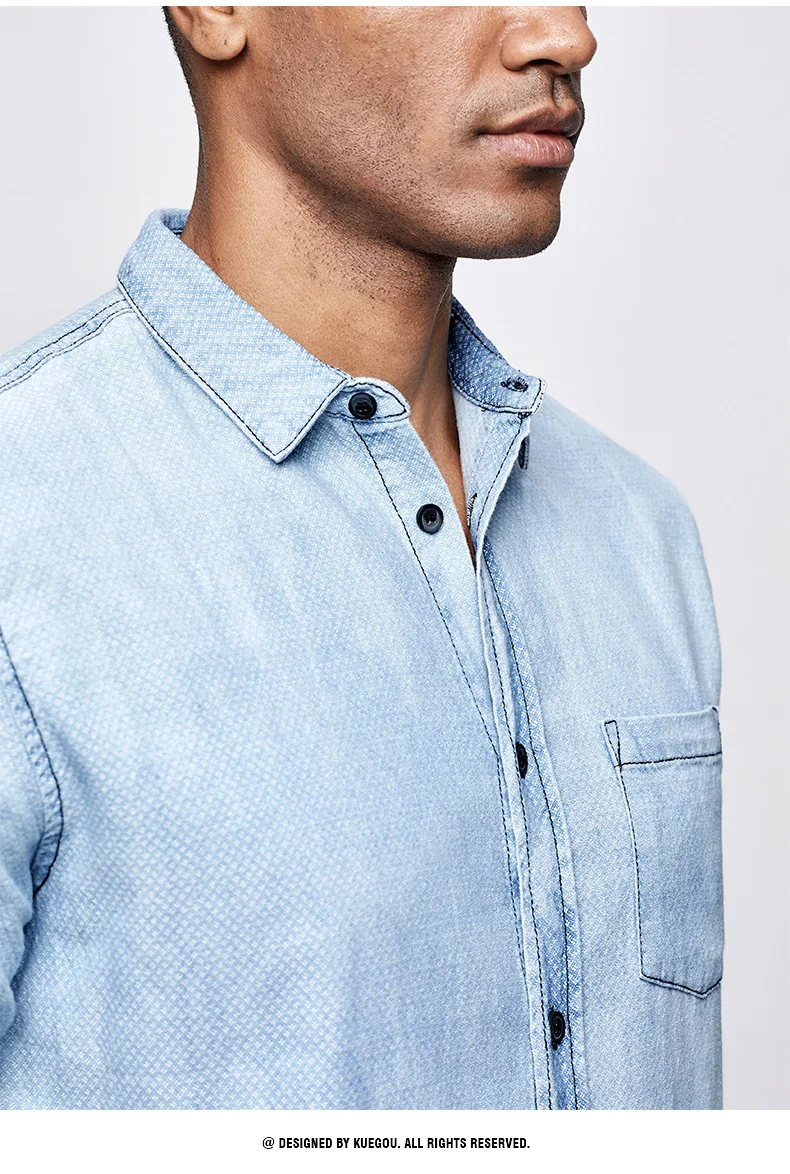 KUEGOU летняя хлопковая джинсовая рубашка с принтом, мужская повседневная приталенная уличная одежда с коротким рукавом, модная мужская блуза 648