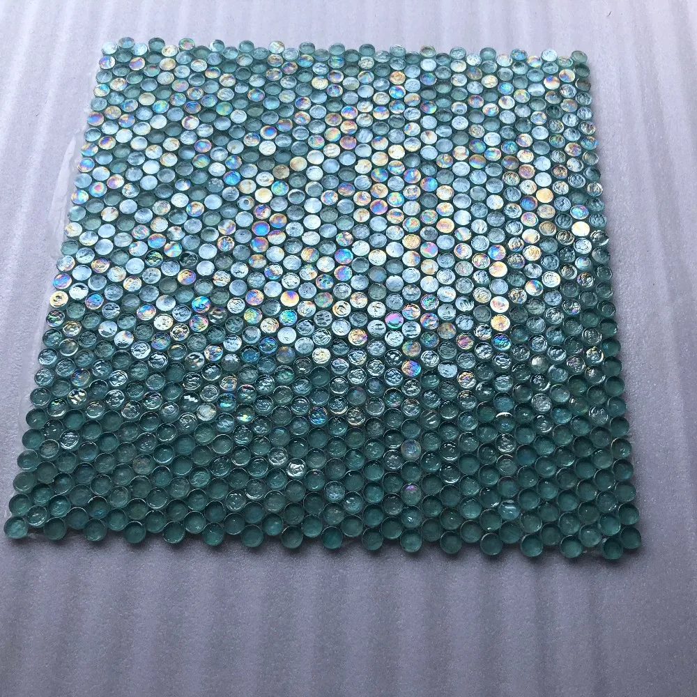 Iridescent Penny Round Aqua Blue Crytal Glass Mosaic Tiles